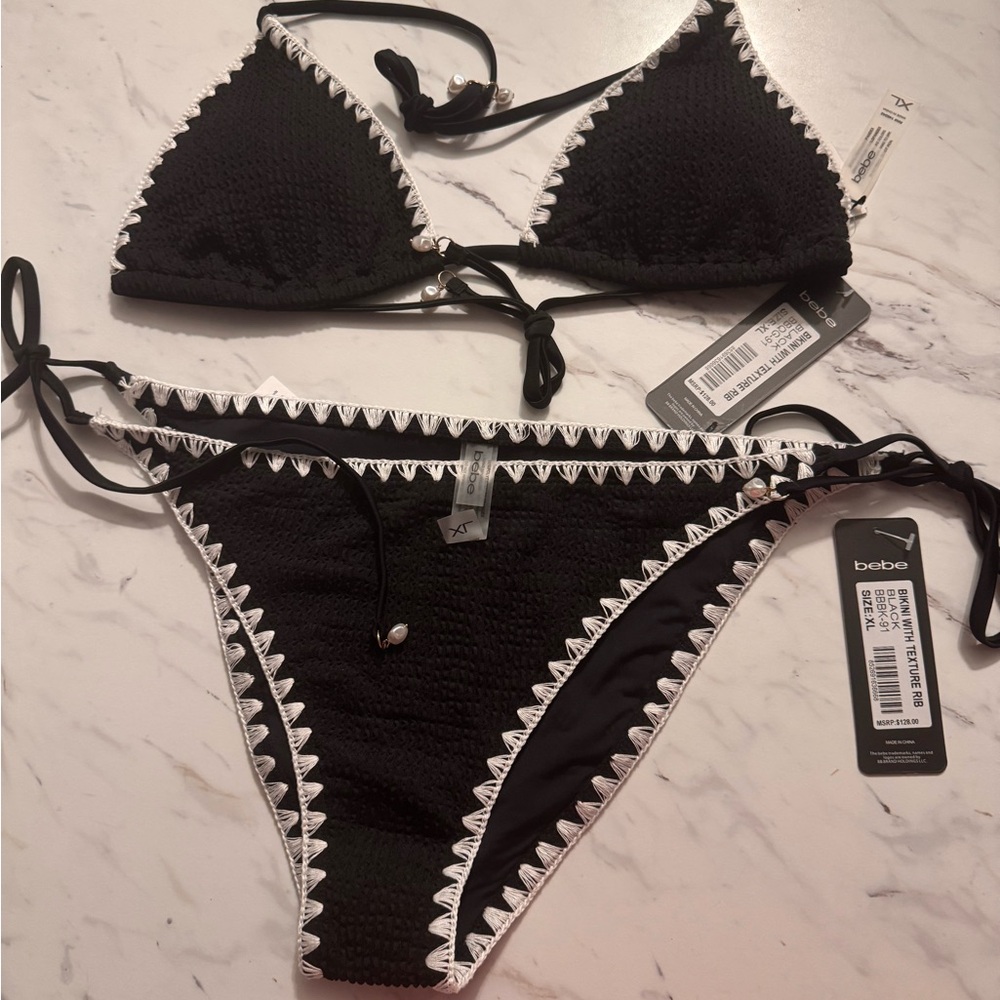 bebe Black and White Crochet Bikini Set - Picture 7 of 9